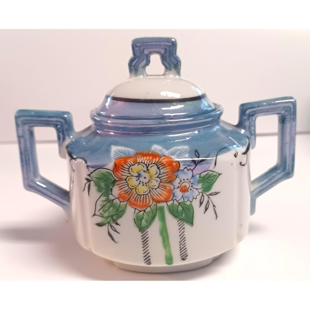 Vintage Japanese Lusterware Covered Sugar Bowl Hand Painted Orange Floral Blue